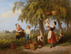 Die Kirschenernte Bauernfamilie im Obstgarten by Theodor Hosemann Oil Painting