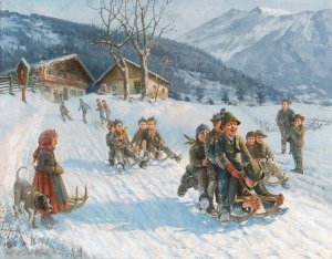 Exciting Toboggan Ride by Theodor Kleehaas Oil Painting