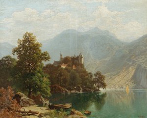 Alpine Lake Scene by Theodor Nocken Oil Painting