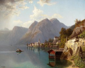 View of Hallstatt by Theodor Nocken Oil Painting