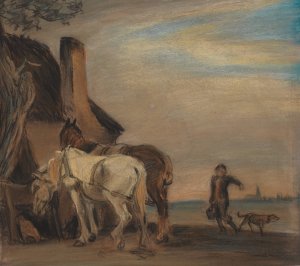 Karl, der bringer vand til to heste by Theodor Philipsen Oil Painting