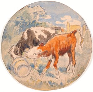 To kalve i det fri, slikkende en vaeltet maelkebotte by Theodor Philipsen Oil Painting