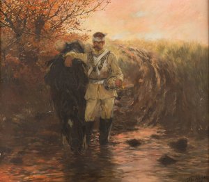 Injured guard-cuirassier of the 1st bataillon with horse by Theodor Rocholl Oil Painting
