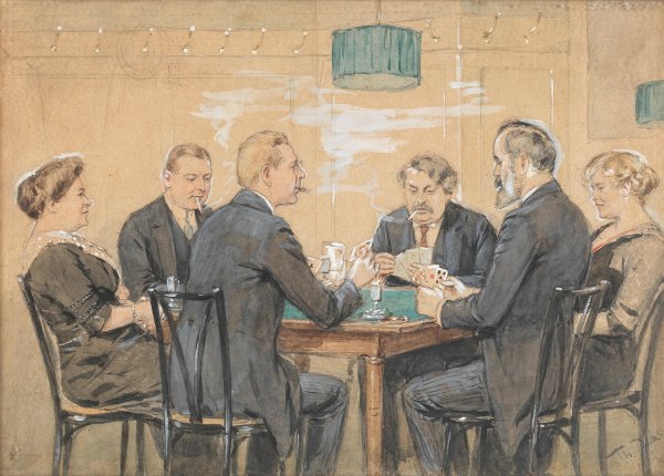 Kartenspieler im Kaffeehaus by Theodor Zasche - Hand-Painted Oil Painting Reproduction