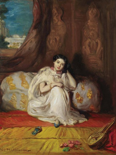 Jeune Fille Mauresque, Assise Dans Un Riche Interieur  by Theodore Chasseriau - Hand-Painted Oil Painting Reproduction