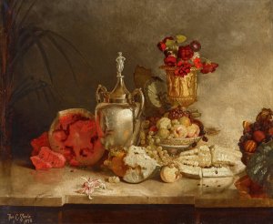 Still Life of Fruit and Urn by Theodore Clement Steele Oil Painting