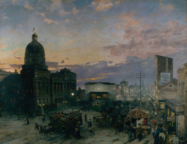 Main Product Photo of Washington Street, Indianapolis at Dusk  Painting by Theodore Clement Steele
