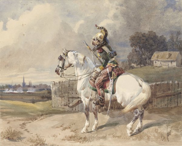 Franse dragonder op een wit paard, links gewend, in profiel  by Theodore Fort - Hand-Painted Oil Painting Reproduction