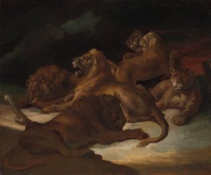 Lions in a Mountainous Landscape by Theodore Gericault Oil Painting