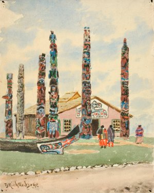 Alaska Building With Totems At St. Louis Exposition by Theodore J. Richardson Oil Painting