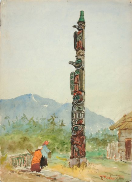 The Raven Totem Pole  by Theodore J. Richardson - Hand-Painted Oil Painting Reproduction