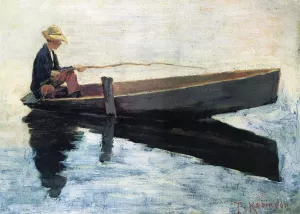 Boy in a Boat Fishing by Theodore Robinson - Oil Painting Reproduction