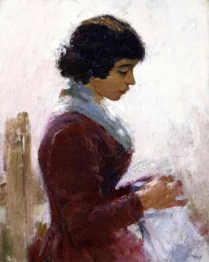 Girl in Red, Sewing painting by Theodore Robinson