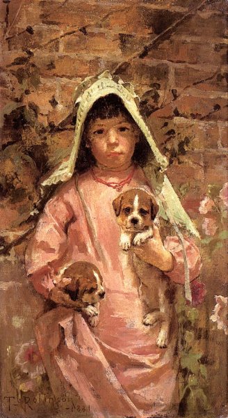 Girl with Puppies by Theodore Robinson - Hand-Painted Oil Painting Reproduction
