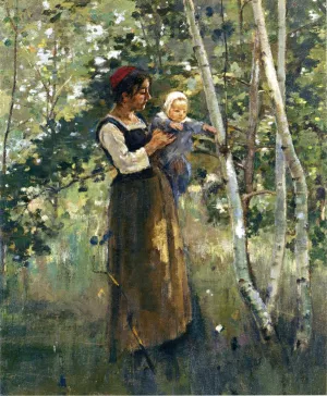 Mother and Child by the Hearth by Theodore Robinson Oil Painting