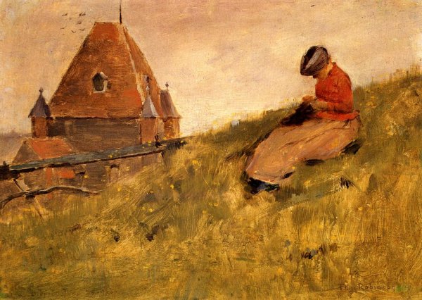 On the Cliff: A Girl Sewing by Theodore Robinson - Hand-Painted Oil Painting Reproduction