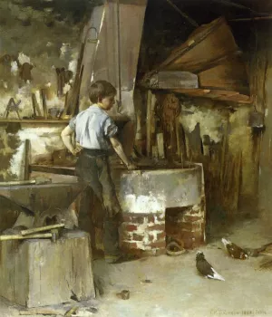 The Forge also known as An Apprentice Blacksmith by Theodore Robinson Oil Painting