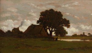 Chaumieres Pres De L'etang by Theodore Rousseau Oil Painting