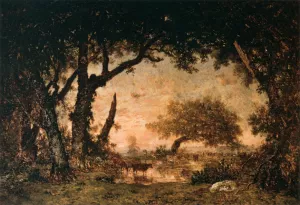 Edge of the Forest at Fontainebleau, Setting Sun by Theodore Rousseau - Oil Painting Reproduction