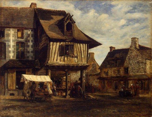 Market-Place in Normandy by Theodore Rousseau - Hand-Painted Oil Painting Reproduction