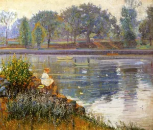 Girl Seated by a Pond by Theodore Wendel Oil Painting