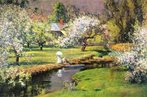 Lady with Parasol by Stream by Theodore Wendel - Oil Painting Reproduction