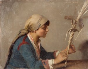 Young girl weaving willow branches by Theodoros Ralli Oil Painting