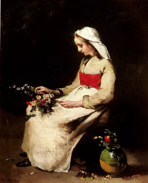 A Girl Arranging A Vase Of Flowers painting by Theodule Augustine Ribot