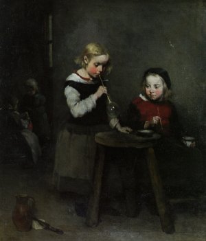 Children Blowing Bubbles by Theodule Augustine Ribot Oil Painting