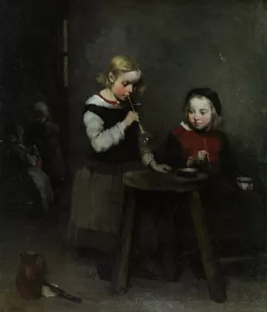 Children Blowing Bubbles by Theodule Augustine Ribot - Oil Painting Reproduction