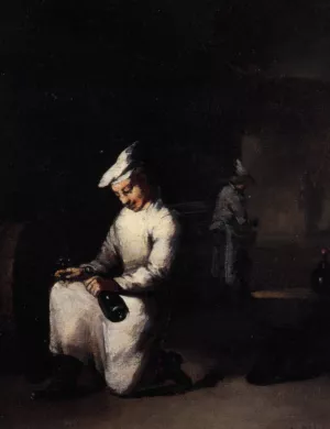 Drinking a Glass of Wine in the Cellar by Theodule Augustine Ribot - Oil Painting Reproduction