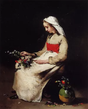 Girl Arranging a Vase of Flowers painting by Theodule Augustine Ribot