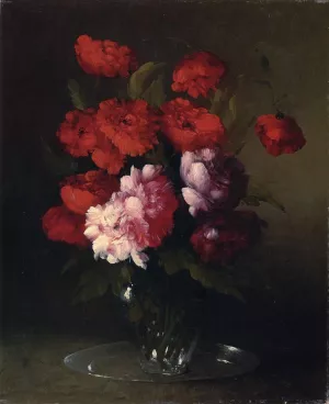 Peonies and Poppies in a Glass Vase by Theodule Augustine Ribot - Oil Painting Reproduction