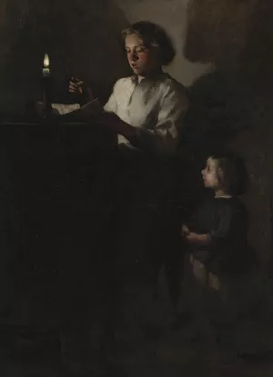Reading by candlelight by Theodule Ribot Oil Painting