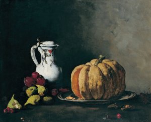 Still Life with Pumpkin, Plums, Cherries, Figs and Jug by Theodule Ribot Oil Painting