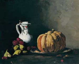 Still Life with Pumpkin, Plums, Cherries, Figs and Jug by Theodule Ribot Oil Painting