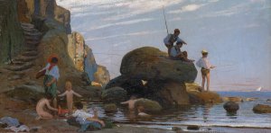 Fisherman and Bathing Children at the Sea Beach Oil painting by Theophil Preiswerk