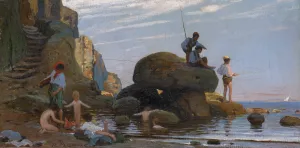 Fisherman and Bathing Children at the Sea Beach by Theophil Preiswerk Oil Painting