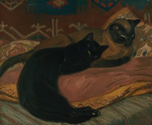 Deux chats couches sur un canape by Theophile Alexandre Steinlen Oil Painting