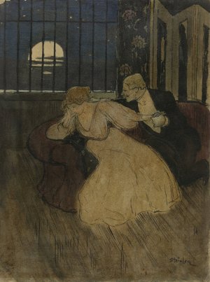 Heer in rok tracht een twijfelende dame op een sofa te overreden by Theophile Alexandre Steinlen Oil Painting