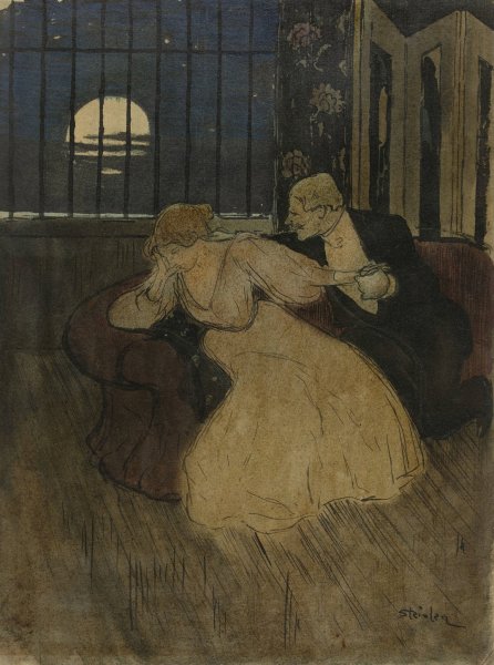 Heer in rok tracht een twijfelende dame op een sofa te overreden  by Theophile Alexandre Steinlen - Hand-Painted Oil Painting Reproduction