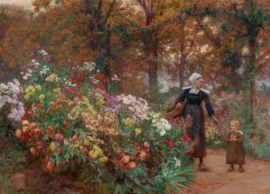 La cueillette des fleurs en Bretagne by Theophile Louis Deyrolle Oil Painting