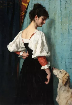 Portrait of a young Woman with 'Puck'the Dog Oil painting by Therese Schwartze