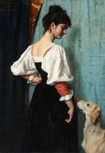Portrait of a young Woman with 'Puck'the Dog  by Therese Schwartze - Hand-Painted Oil Painting Reproduction