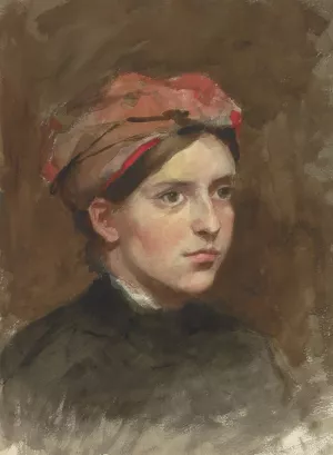 Portret van een jonge vrouw met een rode hoofddoek by Therese Schwartze Oil Painting