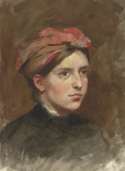 Portret van een jonge vrouw met een rode hoofddoek  by Therese Schwartze - Hand-Painted Oil Painting Reproduction