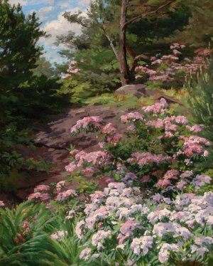 Pink and White Rhododendron in a Forest by Thomas Allen, Jr. Oil Painting