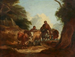 Cowherds with cattle on a dirt road by Thomas Barker Of Bath Oil Painting