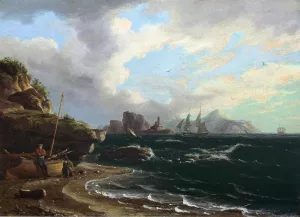 Figures with Docked Boat at Shoreline by Thomas Birch Oil Painting