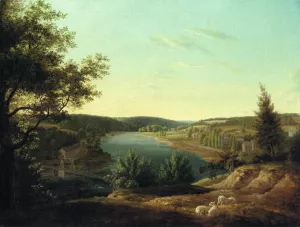 View of the Chain Bridge and Falls of Schuykill, Five Miles from Philadelphia painting by Thomas Birch